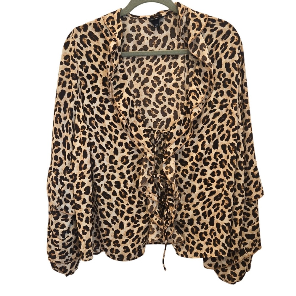 Torrid 00 Leopard Print Tie Front Ruffle Top‎ Blouse Long Sleeve Mob Wife Office